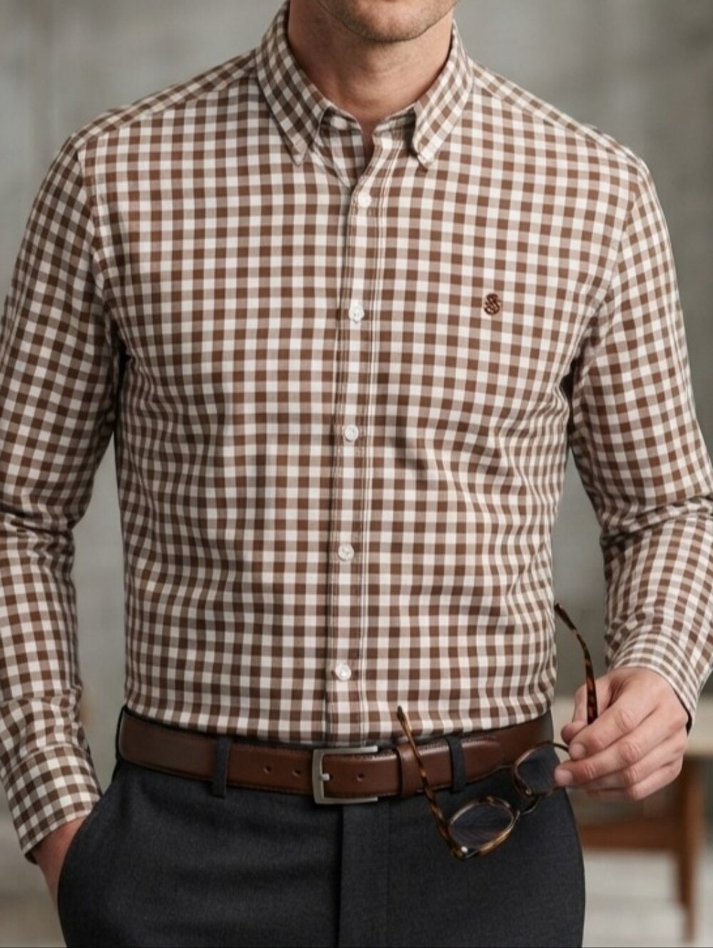 BOSS Brown and White Gingham Button-Down Shirt, Long Sleeve, Large